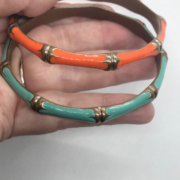Vintage 2 Copper Enamel Bamboo Bangles Bracelet - Picture 1 of 6